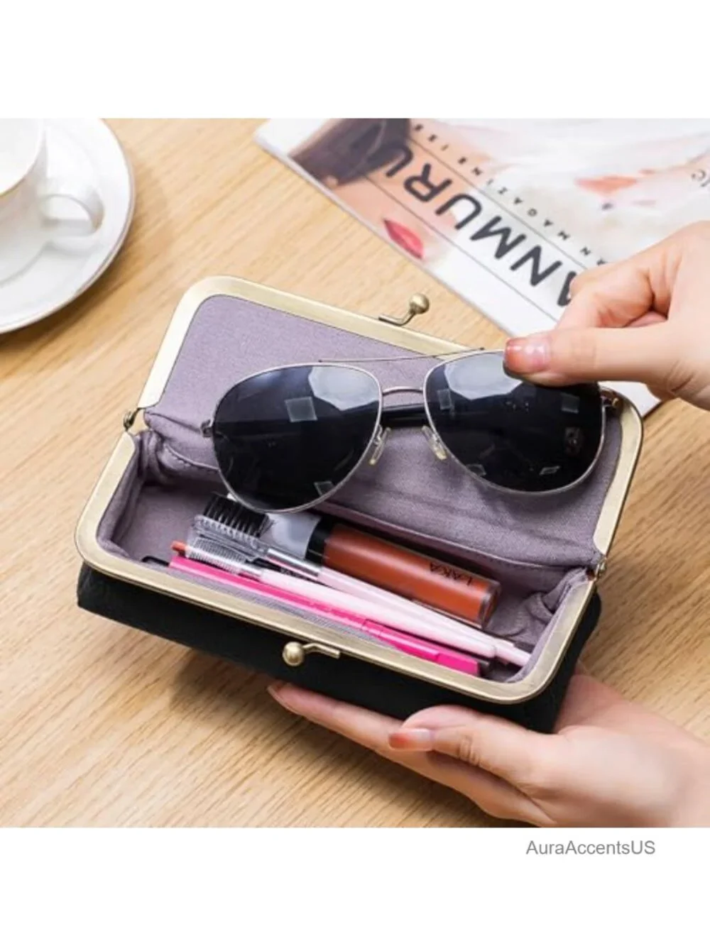 Vintage Kiss Lock Leather Sunglasses Case Soft Eyeglass Pouch Men Women